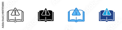 Policy Warning Multiple Style Icon Design Vector - Open book with alert symbol representing policy issues, guideline warnings, or rule notifications