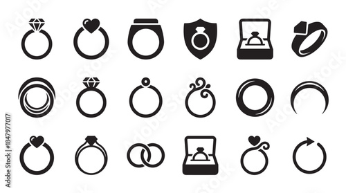 Black ring icons set with various designs for wedding, engagement, and jewelry concepts, including diamond, heart, and band symbols in a minimalist glyph style collection