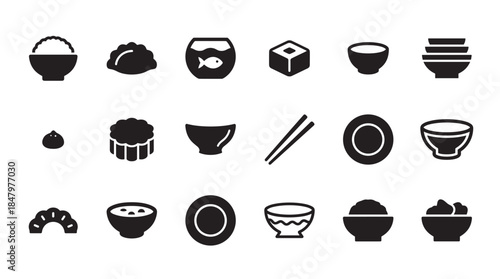 Set of black glyph icons for Asian cuisine, including rice bowls, dumplings, sushi, soup, and chopsticks, presented in a clean and minimalist vector illustration style