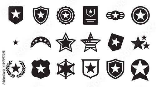 Set of black military and police star icons featuring various badge, shield, emblem, and award designs in a simple graphic silhouette style for patriotic concepts