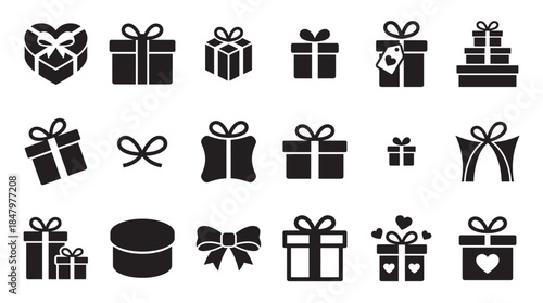 Black silhouette gift box and present icons in a large collection featuring different shapes, sizes, and decorative bows for holiday and celebration design elements