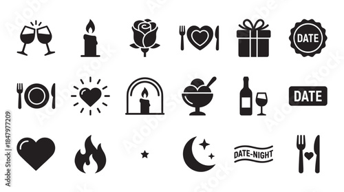 Collection of black glyph icons for a romantic date night, including wine glasses, a candle, a rose, a heart, a gift, and a dinner setting for a celebration or anniversary
