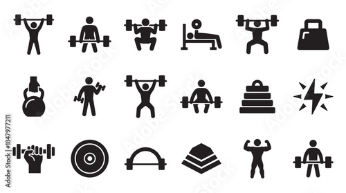Set of black weightlifting and fitness icons featuring minimalist glyphs of people exercising with barbells, dumbbells, and kettlebells for gym and workout concepts