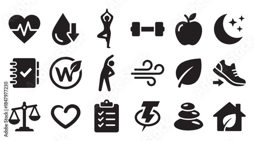 Collection of black wellness and lifestyle icons representing healthy habits like fitness, nutrition, sleep, and mental balance in a clean, minimalist graphic style for design concepts