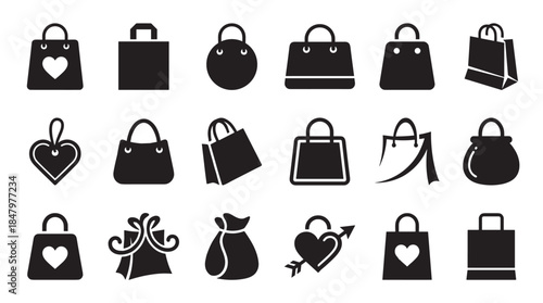 Diverse set of black shopping bag icons in various silhouette styles, including purses, gift packages, and heart symbols for retail, e-commerce, and consumerism concepts