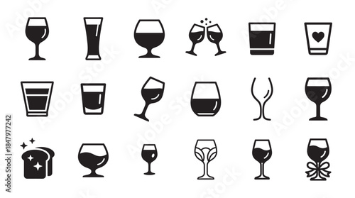 Set of black and white glyph icons featuring various drink glasses like wine, beer, and cocktails for bar and restaurant menus, presented in a clean minimalist vector style