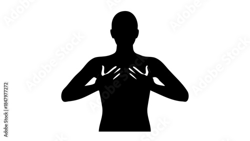 Calm silhouette of a standing person with hands on chest practicing deep breathing, emotional balance and stress relief concept.