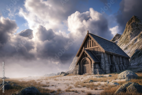 Ultra realistic scene inspired by Asgard, monumental nordic architecture, stone and wood textures