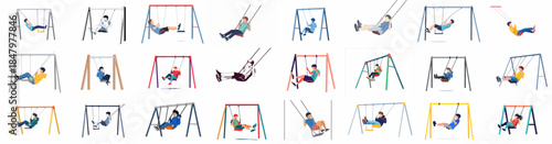 Diverse Collection of People Swinging on Playground Swings Vector Illustrations, Representing Fun, Childhood, and Outdoor Recreation Activities.
