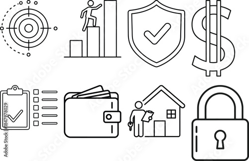 Secure Financial Growth and Protection Icons Representing Business Success and Safety