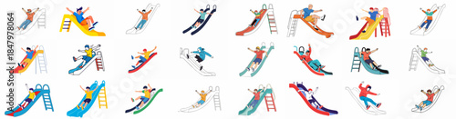 Vibrant set of illustrations showing happy children and young adults enjoying the thrill of sliding down various colorful playground slides.