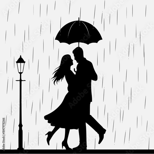 Couple Dancing Under Umbrella on Rainy Street at Night with Streetlamp