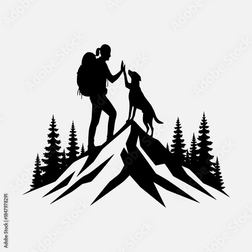 Silhouette of Hiker and Dog Reaching Out on Mountain Peak