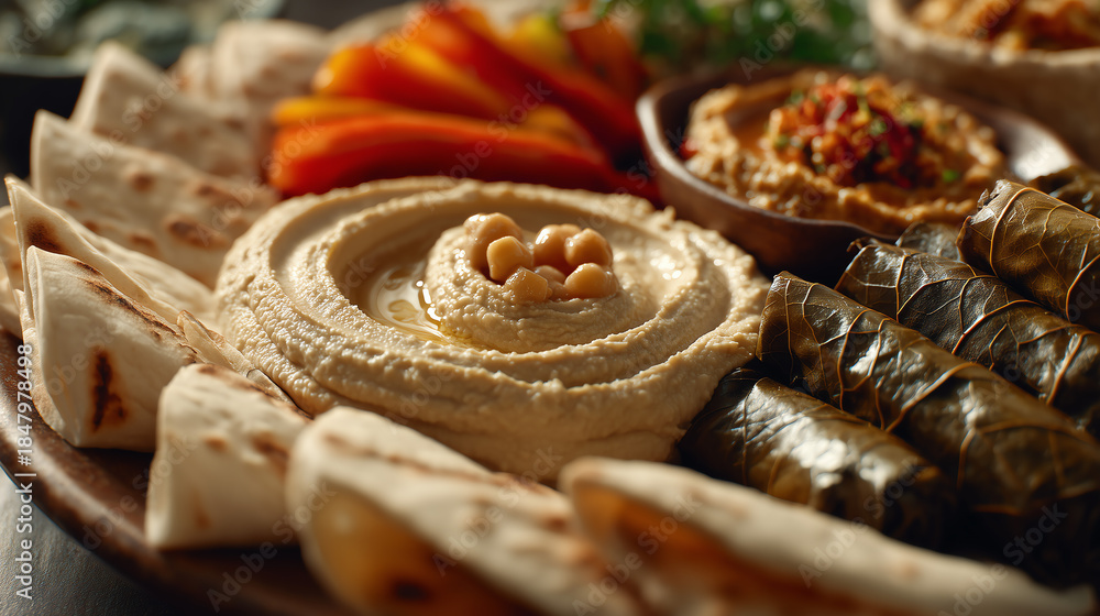 Fototapeta premium Colorful mezze spread with hummus and baba ghanoush and pita
