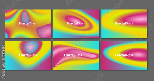 Vibrant fractal glass art pieces in yellow, pink, blue, and green hues on transparent background