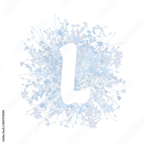 Easter, spring family floral monogram in pastel colors. White letter L on white background