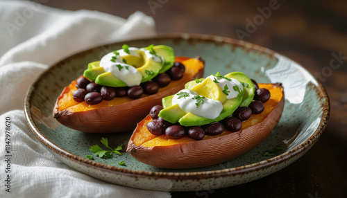 Sweet potatoes topped with black beans, avocado, and yogurt served on a plate Generative AI