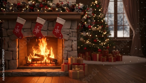Cozy Christmas Fireplace with Stockings Tree  Gifts.