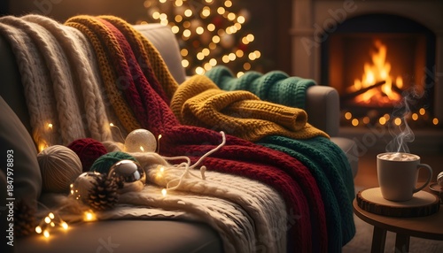 Cozy Christmas Fireplace  Blankets Warm Winter Home Scene.