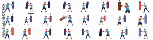 Boxing training illustrations set: Young man practicing punches on a heavy bag, exercising fitness, power, and combat sport skills.