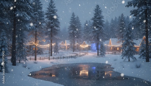 Winter Village Scene Snowy Forest Cozy Cabins Christmas Lights.
