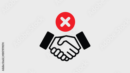 A minimalist icon design featuring a handshake in black and white with a red circular X symbol above it 