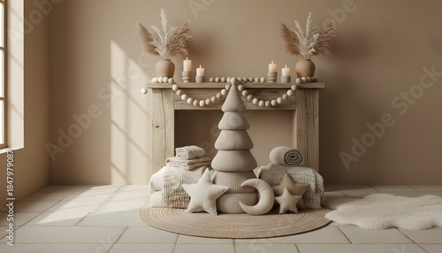 Cozy Neutral Christmas Fireplace Decor with Tree Gifts Stars Moon.