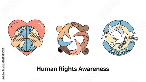 Human Rights Awareness Emblems: A collection of vibrant emblems representing the core principles of human rights, including global unity, freedom, and the inherent value of every individual.