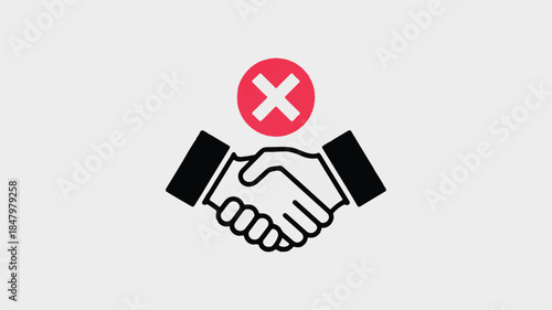 A minimalist icon design featuring a handshake in black and white with a red circular X symbol above it 