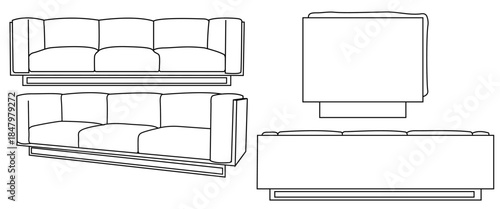 sofa front, back and two side view line art for interior design element and graphic  resources