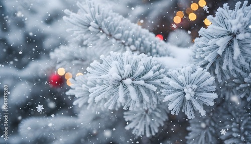 Winter Snowfall on Fir Tree Branches with Bokeh Lights.