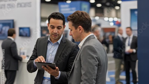 Two businessmen discussing a project on a digital tablet at a trade show. Professionals networking and collaborating at a corporate conference event. B2B sales concept