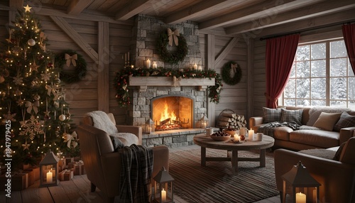 Cozy Christmas Living Room with Fireplace and Tree.