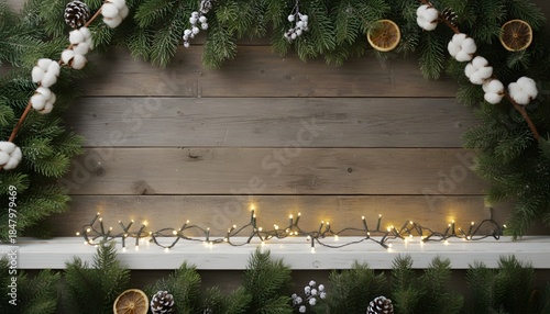 Festive Christmas Garland  Lights on Rustic Wood Background.