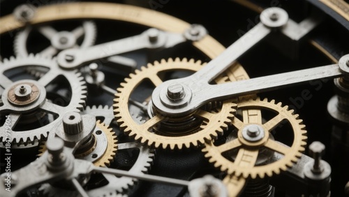 Close-up view of intricate mechanical gears and cogs in a clockwork mechanism