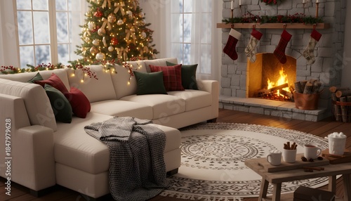 Cozy Christmas Living Room with Fireplace and Decorated Tree.