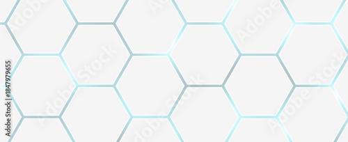 White 3d hexagonal technology vector abstract background. Blue bright energy flashes under hexagon in modern technology futuristic background vector illustration. White honeycomb texture grid.