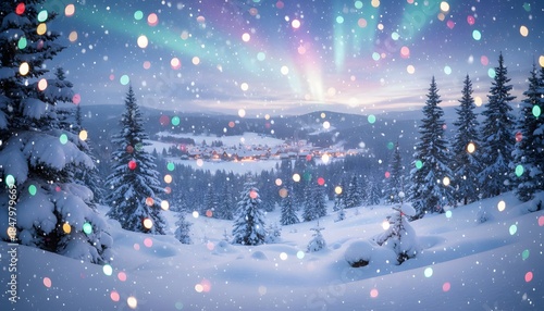 Magical Snowy Village with Aurora Borealis and Bokeh Lights.