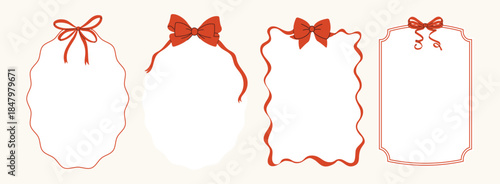 Set of Hand drawn  Christmas vintage frames with red bows. Vector New Year design holiday for wedding invitations, greeting cards, or christmas festive designs 