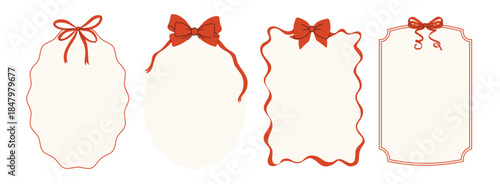 Set of Hand drawn  Christmas vintage frames with red bows. Vector New Year design holiday for wedding invitations, greeting cards, or christmas festive designs 