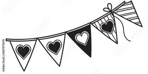 A festive string of triangular pennant flags featuring alternating black and white heart designs, perfect for romantic or celebratory decor.
