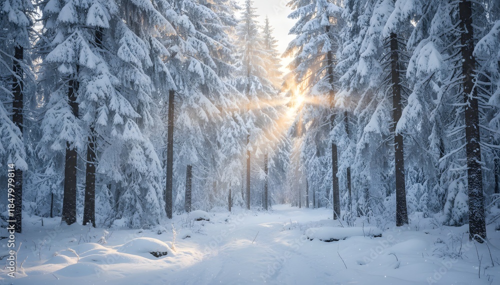 Fototapeta premium Sunlight Through Snowy Forest Path Winter Landscape.