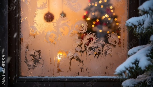 Frosted Window Christmas Tree Lights Cozy Winter Evening Warm Glow.