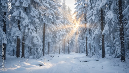 Sunlight Through Snowy Forest Path Winter Landscape.
