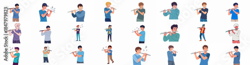 Diverse collection of young men and teenage boys playing the transverse flute, showcasing various musical postures and instrumental performance.
