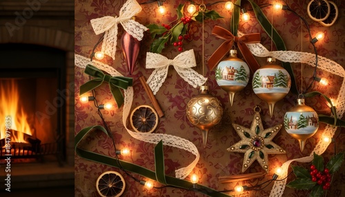 Cozy Christmas Decor Fireplace Ornaments Lights Ribbons Festive Still Life.