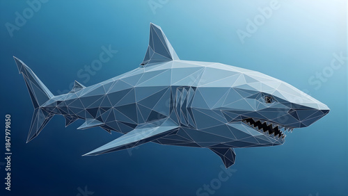 Low Poly Shark Illustration with Sharp Teeth and Dorsal Fin on Blue Background