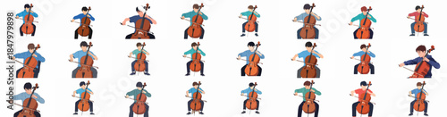 Collection of flat vector illustrations depicting young male musicians playing the cello, suitable for musical education and graphic design.