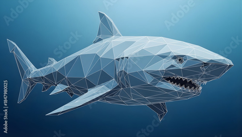 Low Poly Great White Shark Illustration in the Ocean Depths
