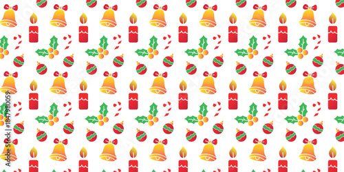 Festive Christmas Holiday Seamless Pattern with Bells, Candles, Holly Berries, and Bauble Ornaments on a Clean White Background – Perfect for Seasonal Decor, Wrapping Paper, or Digital Designs